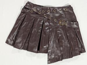 Modern Hero Skirt Womens S/M Brown Faux Leather Pleated Belted Asym Mini Party